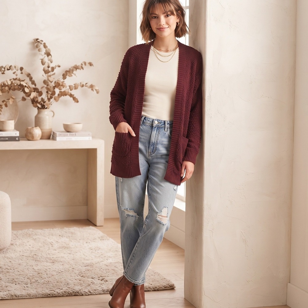 Say What? Popcorn Knit Cardigan Wmns Large Burgundy Excellent Open Front Pocket